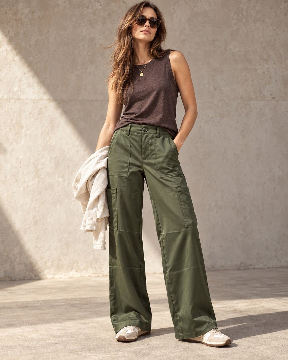Sanctuary Gina Satin Wide Leg Cargo Pants Olive Green Utility High Rise Size S